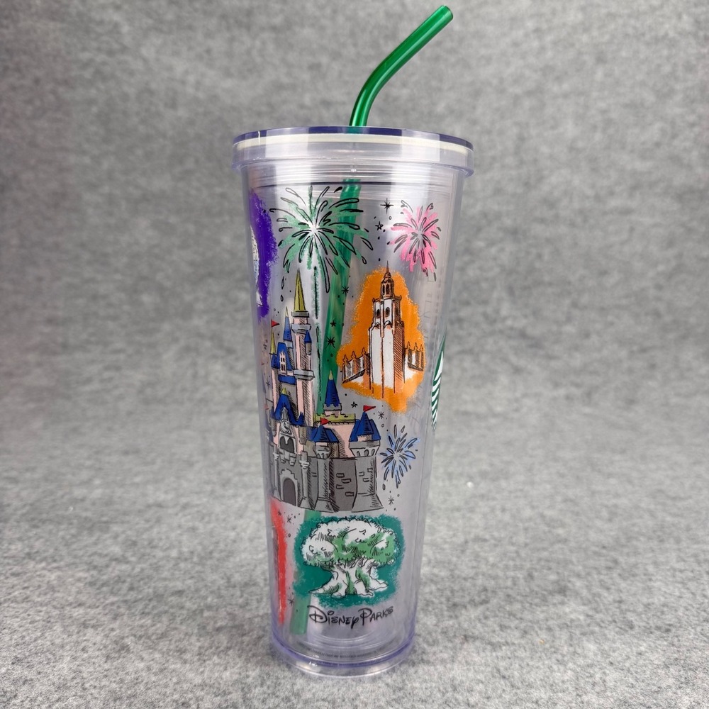 Starbucks Disney Parks 24 oz Cold Cup Tumbler Castle Fireworks Reusable Straw